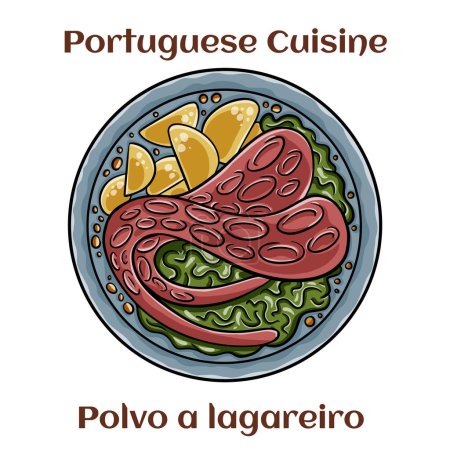 Téléchargez les illustrations : Polvo a lagareiro. Plat traditionnel portugais poulpe grillé aux pommes de terre - en licence libre de droit