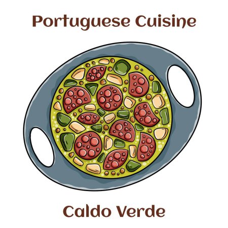 Ilustración de Sopa de estilo portugués llamada Caldo Verde, pan, col, aceite, ajo y chorizo - Imagen libre de derechos