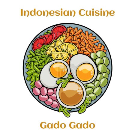 Ilustración de El Gado-gado es una ensalada típica indonesia que contiene verduras y papas hervidas, huevos cocidos, tempeh de tofu frito y lontong, servido con salsa de maní. - Imagen libre de derechos