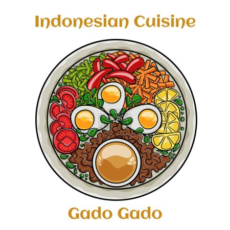 Ilustración de El Gado-gado es una ensalada típica indonesia que contiene verduras y papas hervidas, huevos cocidos, tempeh de tofu frito y lontong, servido con salsa de maní. - Imagen libre de derechos