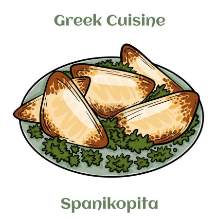 Illustration for Greek spanakopita or spinach pie. Traditional Greek Cuisine. Isolated vector illustration. - Royalty Free Image