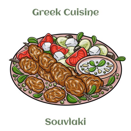 Téléchargez les illustrations : Poulet grec souvlaki avec sauce tzatziki et légumes frais, kebabs grillés. Illustration vectorielle isolée. - en licence libre de droit