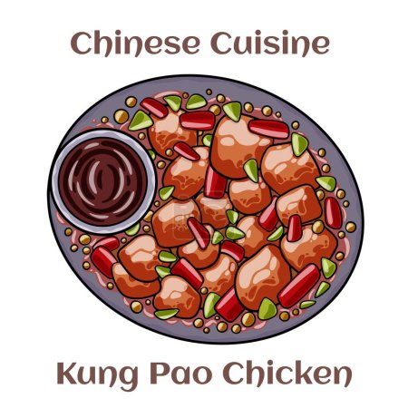 Illustration for Kung Pao Chicken. A spicy stimfry dish made with chicken, peanuts, vegetables, and chilli peppers. Chinese food. Vector image isolated. - Royalty Free Image