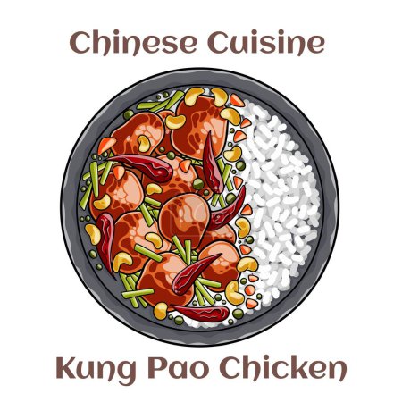 Ilustración de Kung Pao Chicken. A spicy stimfry dish made with chicken, peanuts, vegetables, and chilli peppers. Chinese food. Vector image isolated. - Imagen libre de derechos