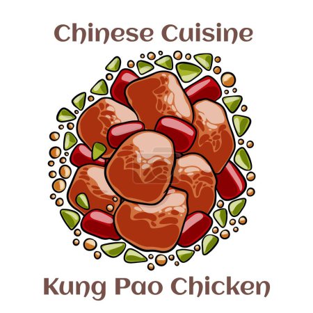 Illustration for Kung Pao Chicken. A spicy stimfry dish made with chicken, peanuts, vegetables, and chilli peppers. Chinese food. Vector image isolated. - Royalty Free Image