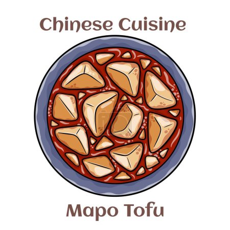 Illustration for Mapo Tofu. It consists of tofu set in a spicy sauce, typically a thin, oily, and bright red suspension, along with minced meat, usually pork or beef. Chinese food. Vector image isolated. - Royalty Free Image
