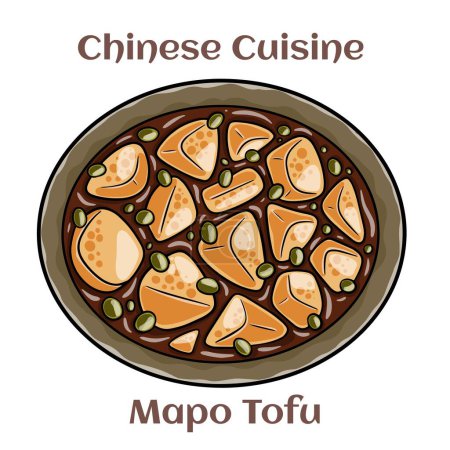 Illustration for Mapo Tofu. It consists of tofu set in a spicy sauce, typically a thin, oily, and bright red suspension, along with minced meat, usually pork or beef. Chinese food. Vector image isolated. - Royalty Free Image