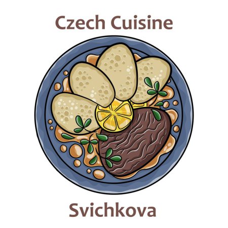 Téléchargez les illustrations : Svickova. It is sirloin steak prepared with sauce from roasted root vegetables and cream. Spiced with black pepper, bay leaf and thyme. Czech food. Vector image isolated. - en licence libre de droit
