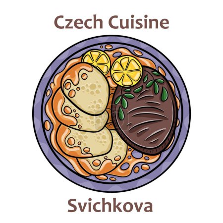 Téléchargez les illustrations : Svickova. It is sirloin steak prepared with sauce from roasted root vegetables and cream. Spiced with black pepper, bay leaf and thyme. Czech food. Vector image isolated. - en licence libre de droit