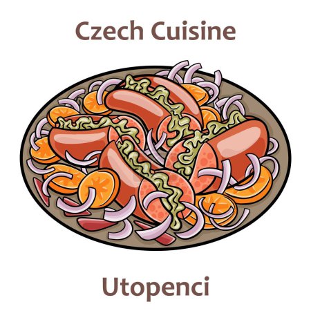 Utopenci. It is jar of piquantly pickled small sausages in sweet-sour vinegar stock, with ground black pepper, sliced onions and bay leaves. Czech food. Vector image isolated.