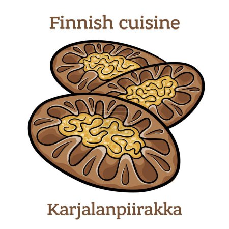 Ilustración de Karjalanpiirakka. The rye crust is traditionally filled with rice porrodge and topped with egg butter. Finnish food. Vector image isolated. - Imagen libre de derechos
