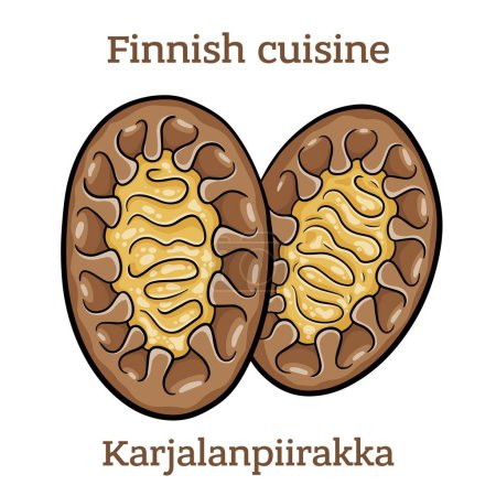 Illustration for Karjalanpiirakka. The rye crust is traditionally filled with rice porrodge and topped with egg butter. Finnish food. Vector image isolated. - Royalty Free Image