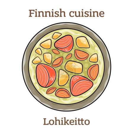 Téléchargez les illustrations : Lohikeitto. The soup made with salmon, potatoes and leeks, and sometimes add milk.  Finnish food. Vector image isolated. - en licence libre de droit