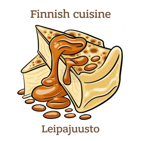 Ilustración de Leipjuusto. This cheese is most often made from cow's milk but can also be made from reindeer or goat's milk. It is most delicious with cloudberry jam.  Finnish food. Vector image isolated. - Imagen libre de derechos