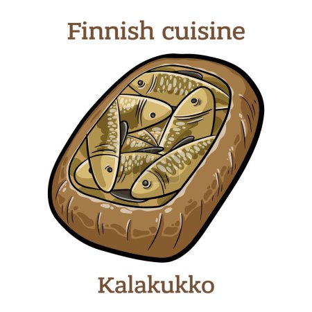 Téléchargez les illustrations : Kalakukko. Traditional food from the Finnish region of Savonia made from fish baked inside a loaf of bread..  Finnish food. Vector image isolated. - en licence libre de droit