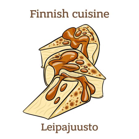 Ilustración de Leipjuusto. This cheese is most often made from cow's milk but can also be made from reindeer or goat's milk. It is most delicious with cloudberry jam.  Finnish food. Vector image isolated. - Imagen libre de derechos
