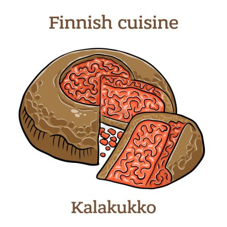 Téléchargez les illustrations : Kalakukko. Traditional food from the Finnish region of Savonia made from fish baked inside a loaf of bread..  Finnish food. Vector image isolated. - en licence libre de droit