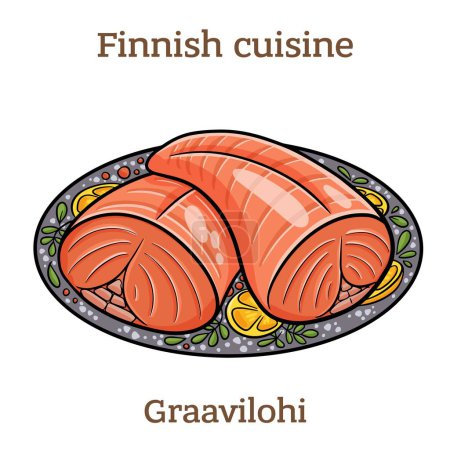 Ilustración de Graavilohi. Nordic dish consisting of raw salmon, cured in salt, sugar, and dill.  Finnish food. Vector image isolated. - Imagen libre de derechos