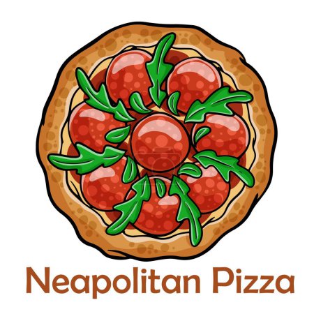Ilustración de Pizza salami, pimiento, rúcula, kalamata, pesto, parmesano. Pizza redonda napolitana sobre fondo blanco - Imagen libre de derechos
