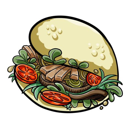 Téléchargez les illustrations : Snack taïwanais Gua Bao. Cuisine chinoise, pains de porc taïwanais. Image vectorielle de dessin animé. - en licence libre de droit