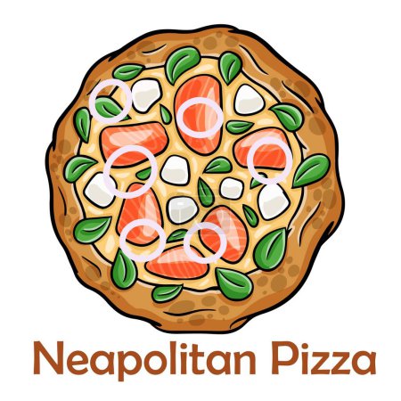 Ilustración de Pizza Filadelfia con salmón, camarones, tomates, mozzarella, alcaparras, queso Filadelfia. Pizza redonda napolitana sobre fondo blanco - Imagen libre de derechos