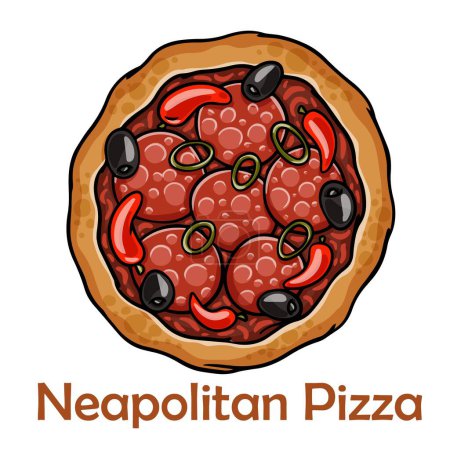 Ilustración de Pizza Diavolo con chorizo, rúcula, tomate cherry, jalapeño, chile, kalamata, mozzarella, pesto, parmesano. Pizza redonda napolitana sobre fondo blanco - Imagen libre de derechos