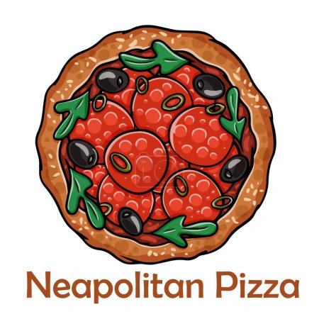 Ilustración de Pizza Diavolo con chorizo, rúcula, tomate cherry, jalapeño, chile, kalamata, mozzarella, pesto, parmesano. Pizza redonda napolitana sobre fondo blanco - Imagen libre de derechos