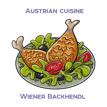 Ilustración de Wiener Backhendl es un plato tradicional austriaco que consiste en pollo frito recubierto de pan rallado - Imagen libre de derechos