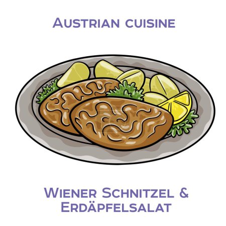 Téléchargez les illustrations : Wiener schnitzel est une escalope de veau qui est pilonné mince, pané, et poêlé. C'est un plat traditionnel en Autriche et en Allemagne - en licence libre de droit