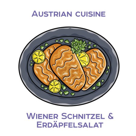 Ilustración de Wiener schnitzel es una chuleta de ternera que se machaca delgada, empanada y frita. Es un plato tradicional en Austria y Alemania - Imagen libre de derechos