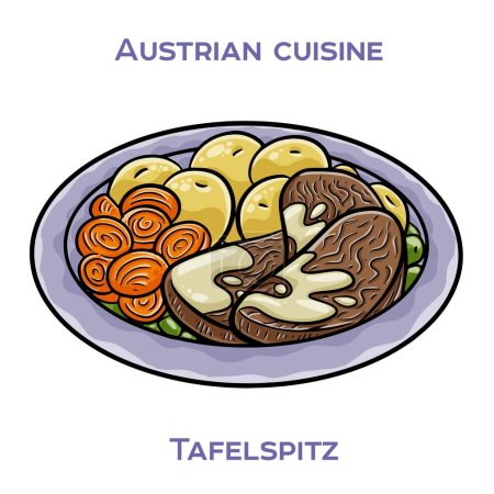Téléchargez les illustrations : Le tafelspitz est un plat viennois classique de boeuf bouilli, généralement servi avec un côté de raifort aux pommes, d'épinards à la crème et de boulettes de pommes de terre. - en licence libre de droit