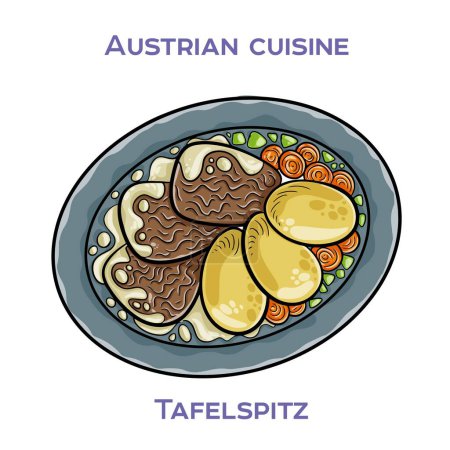 Téléchargez les illustrations : Le tafelspitz est un plat viennois classique de boeuf bouilli, généralement servi avec un côté de raifort aux pommes, d'épinards à la crème et de boulettes de pommes de terre. - en licence libre de droit