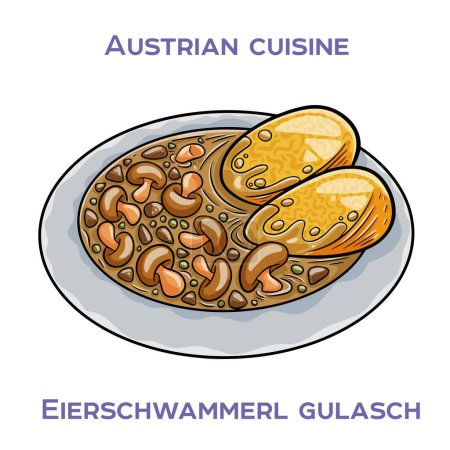 Ilustración de Eierschwammerl Gulash es un plato tradicional austriaco hecho con champiñones, cebollas, ajo, pimentón y crema agria. - Imagen libre de derechos