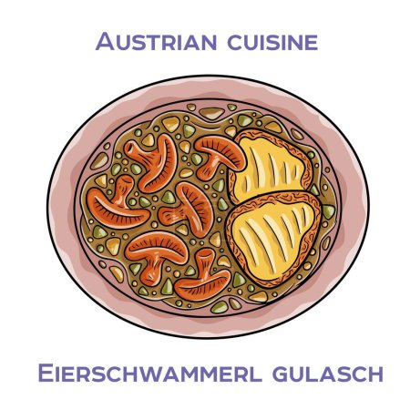 Illustration for Eierschwammerl Gulash is a traditional Austrian dish made with chanterelle mushrooms, onions, garlic, paprika, and sour cream - Royalty Free Image