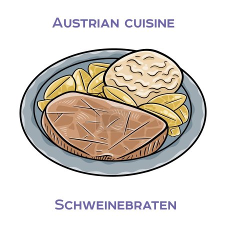 Téléchargez les illustrations : Schweinebraten est un plat de porc rôti autrichien classique qui est généralement fait avec une épaule ou un cou de porc - en licence libre de droit