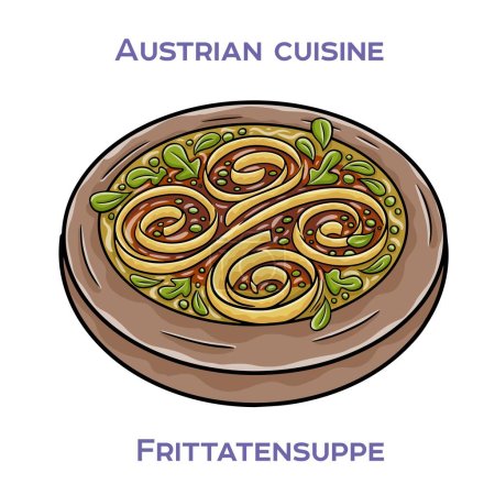 Ilustración de Frittatensuppe es una sopa austriaca clásica hecha con un caldo claro, tiras finas de panqueques y decorada con cebollino. - Imagen libre de derechos