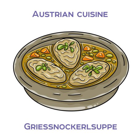 Téléchargez les illustrations : Griessnockerlsuppe est une soupe autrichienne traditionnelle faite avec du bouillon, des boulettes et des légumes - en licence libre de droit