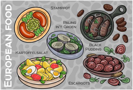 Illustration for Popular Western & Central European Food Set. Hand-drawn & Vector. - Royalty Free Image