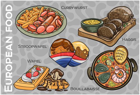 Illustration for Popular Western & Central European Food Set. Hand-drawn & Vector. - Royalty Free Image