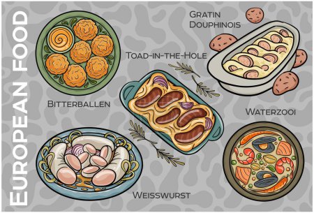 Téléchargez les illustrations : Populaire Western & Central European Food Set. Dessiné à la main & vecteur. - en licence libre de droit