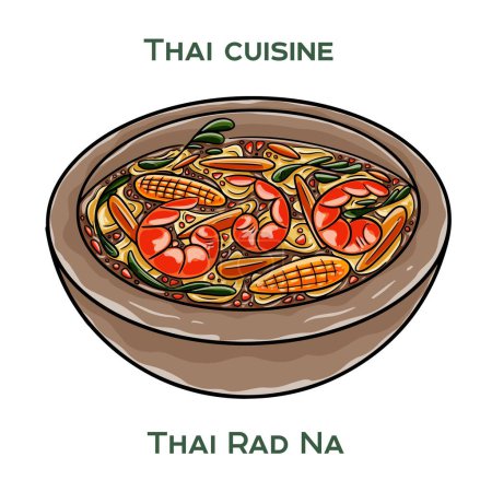 Comida tradicional tailandesa. Thai Rad Na sobre fondo blanco. Ilustración vectorial aislada.
