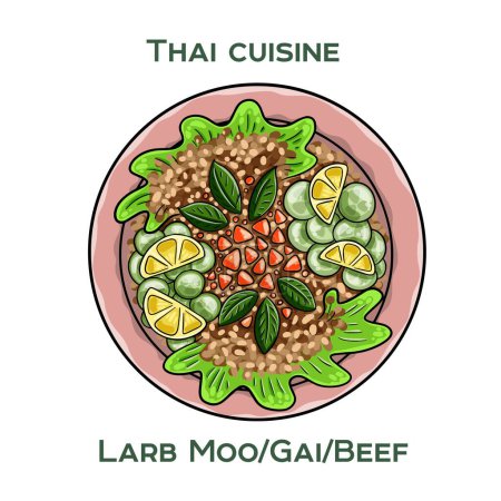 Traditionelle thailändische Küche. Larb Moo, Gai, Beef auf weißem Hintergrund. Isolierte Vektorillustration.