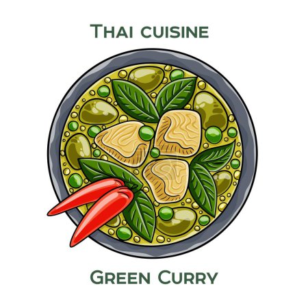 Téléchargez les illustrations : Cuisine traditionnelle thaïlandaise. Curry vert sur fond blanc. Illustration vectorielle isolée. - en licence libre de droit