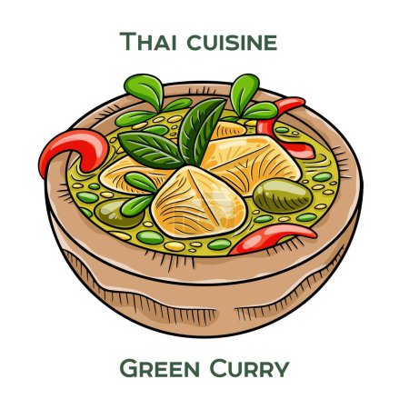Traditional Thai food. Green Curry on white background. Isolated vector illustration.