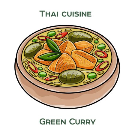 Traditional Thai food. Green Curry on white background. Isolated vector illustration.