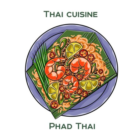 Cuisine traditionnelle thaïlandaise. Phad thaï sur fond blanc. Illustration vectorielle isolée.