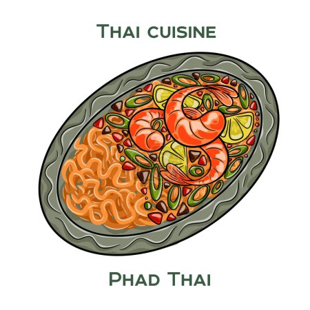 Comida tradicional tailandesa. Phad Thai sobre fondo blanco. Ilustración vectorial aislada.