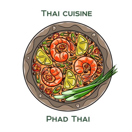 Traditionelle thailändische Küche. Phad Thai auf weißem Hintergrund. Isolierte Vektorillustration.