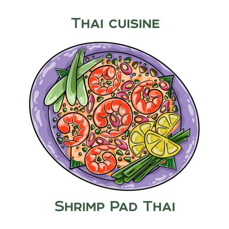 Cuisine traditionnelle thaïlandaise. Crevettes Pad thaï sur fond blanc. Illustration vectorielle isolée.