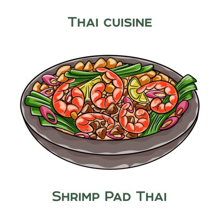 Comida tradicional tailandesa. Almohadilla de camarones tailandesa sobre fondo blanco. Ilustración vectorial aislada.